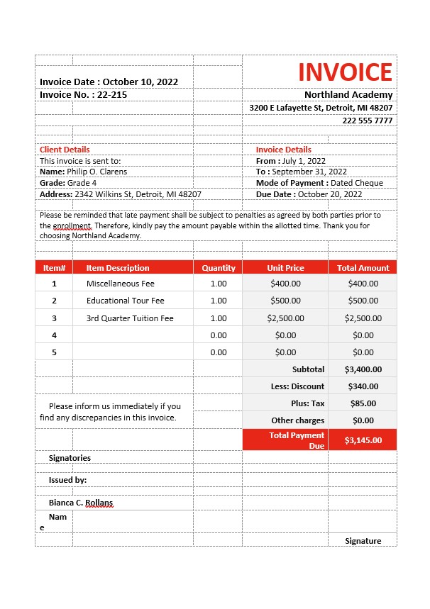 School Fees Invoice Template PSD template